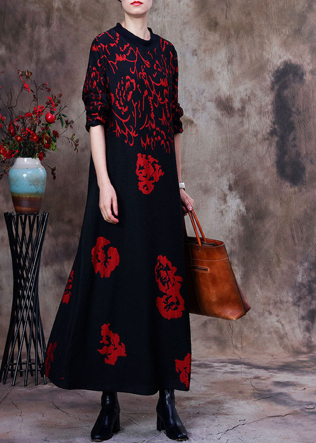 Abstract Calligraphy Print Mock Neck Long Sleeve Crinkled Texture Oversized Maxi Dress