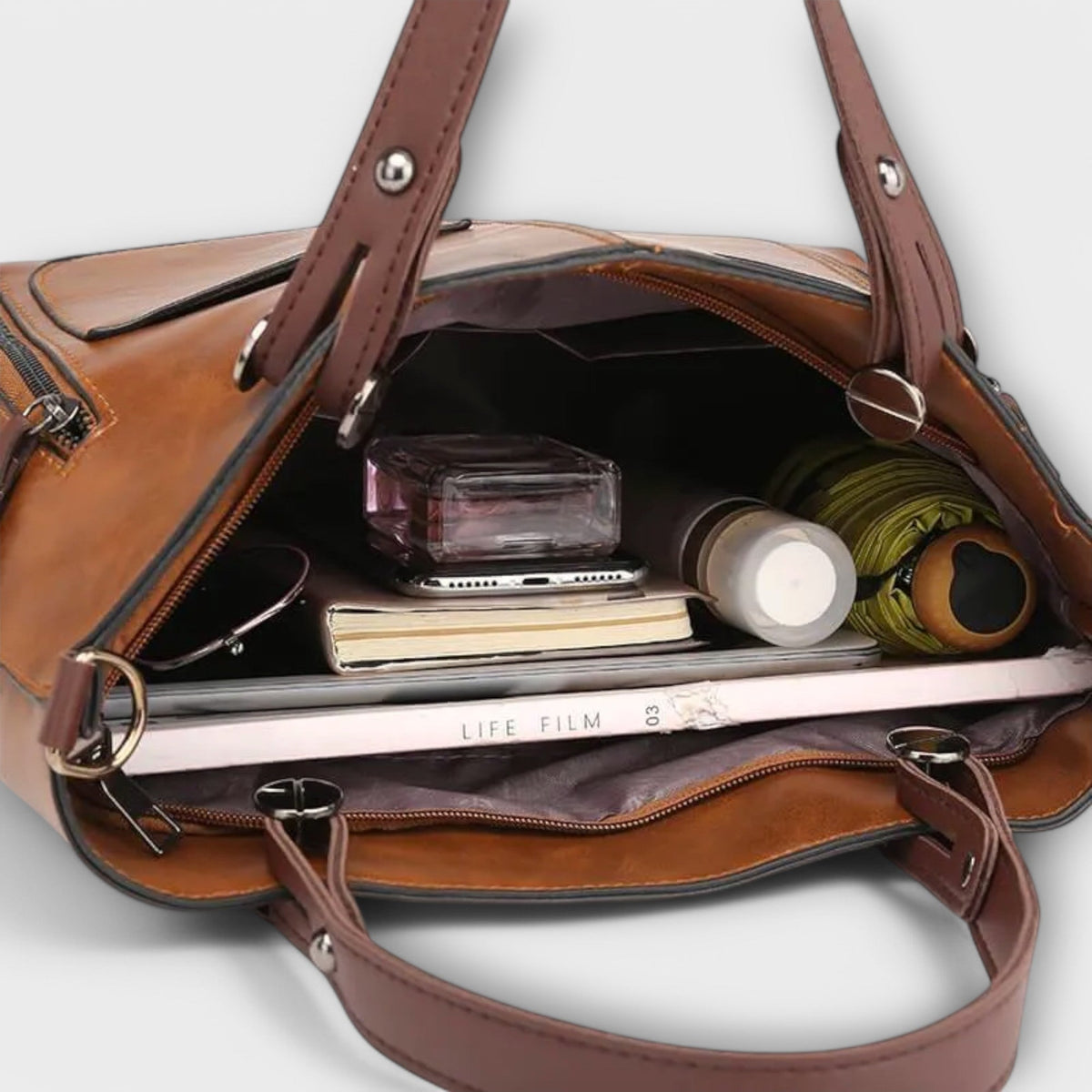 Dual Handle Multi Pocket Faux Leather Tote Bag