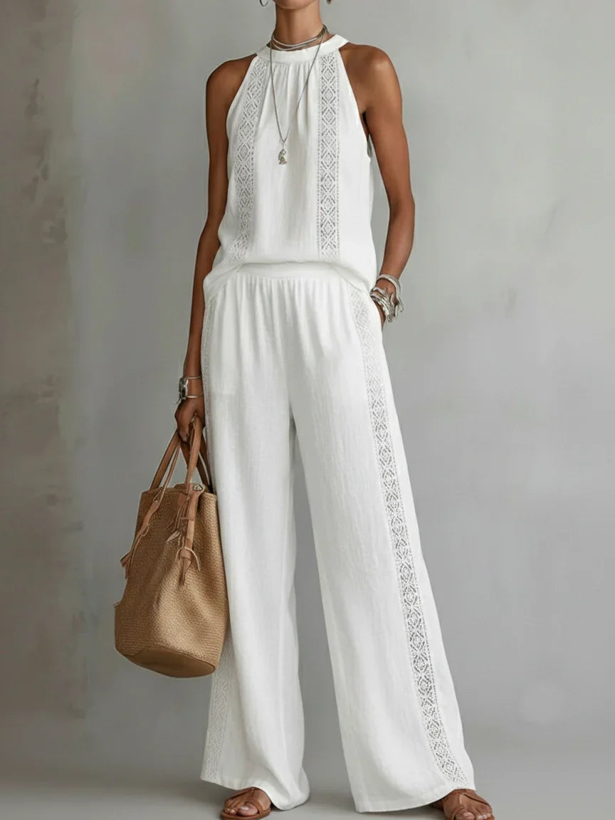 Halter Neck Crochet Trim Top and Wide Leg Pants Two Piece Set