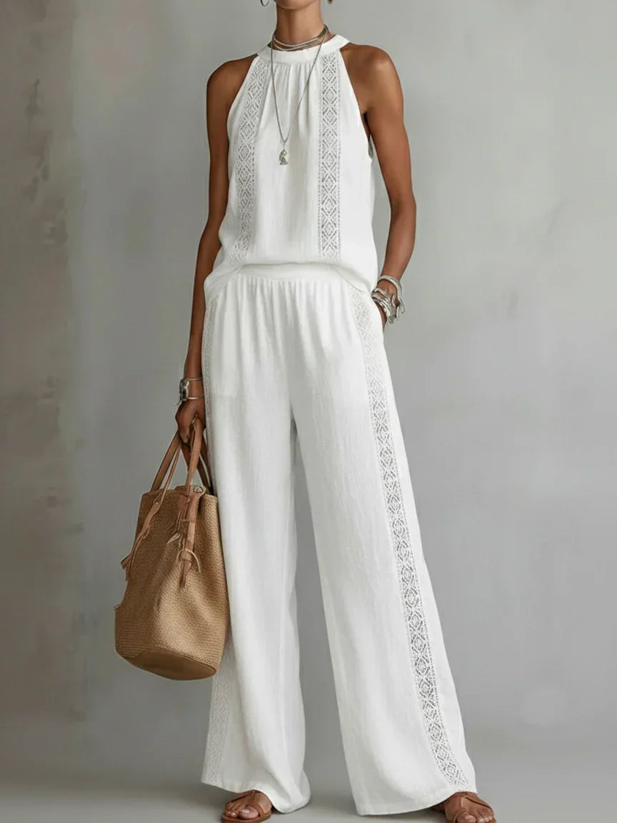 Halter Neck Crochet Trim Top and Wide Leg Pants Two Piece Set