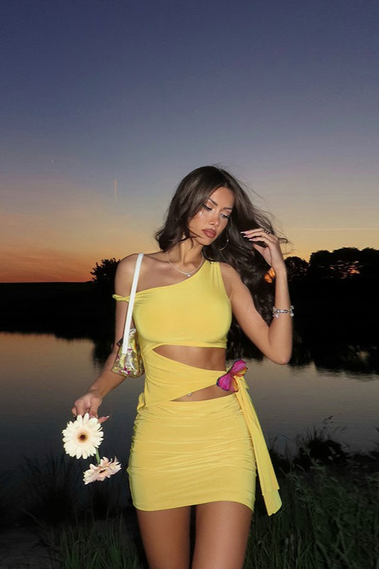 OneShoulder CutOut Bow Birthday Dress