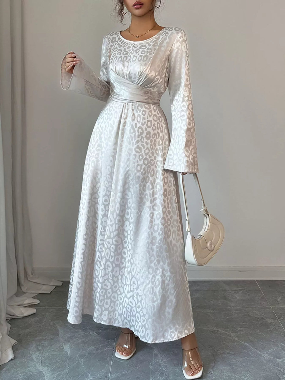 Leopard Satin Jacquard Crew Neck Long Sleeve Twist Front Maxi Dress 4