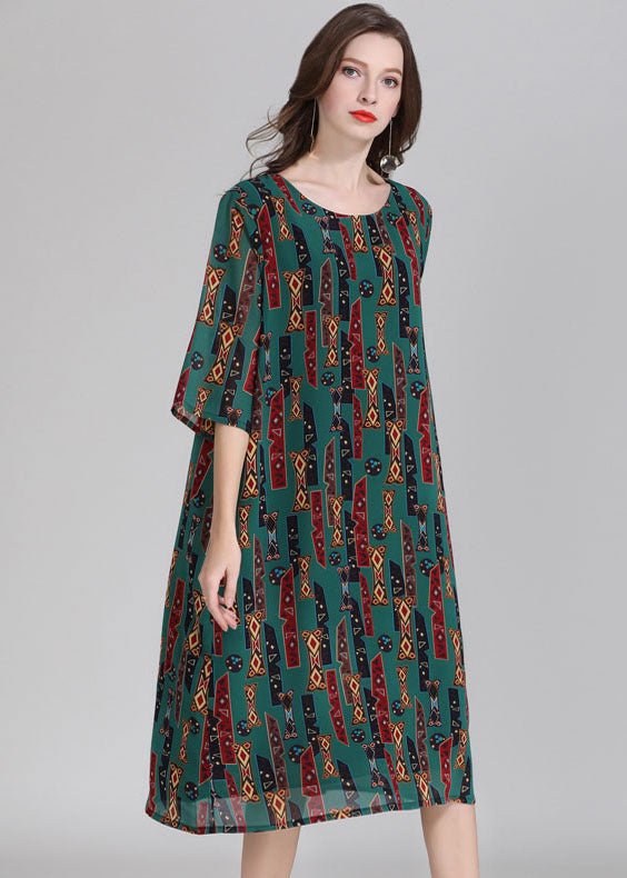 Geometric Tribal Print Round Neck Three Quarter Sleeve A-Line Shift Midi Dress