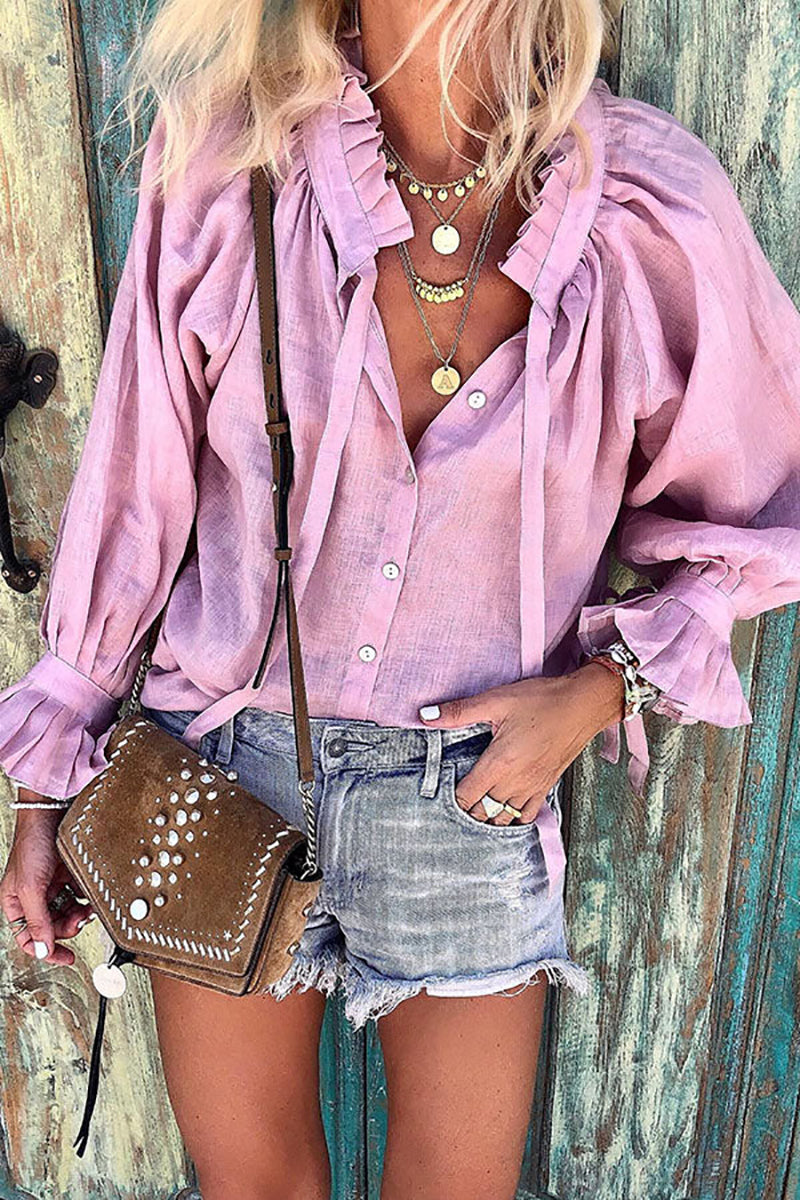 Ruffles Button Puff Sleeve Blouse