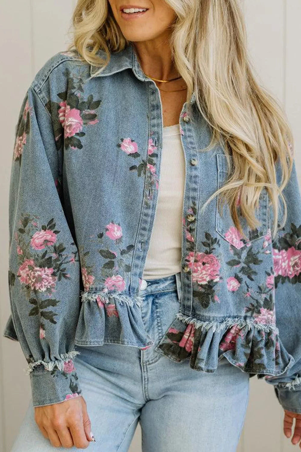 Floral Print Button Front Frayed Ruffle Hem Denim Jacket
