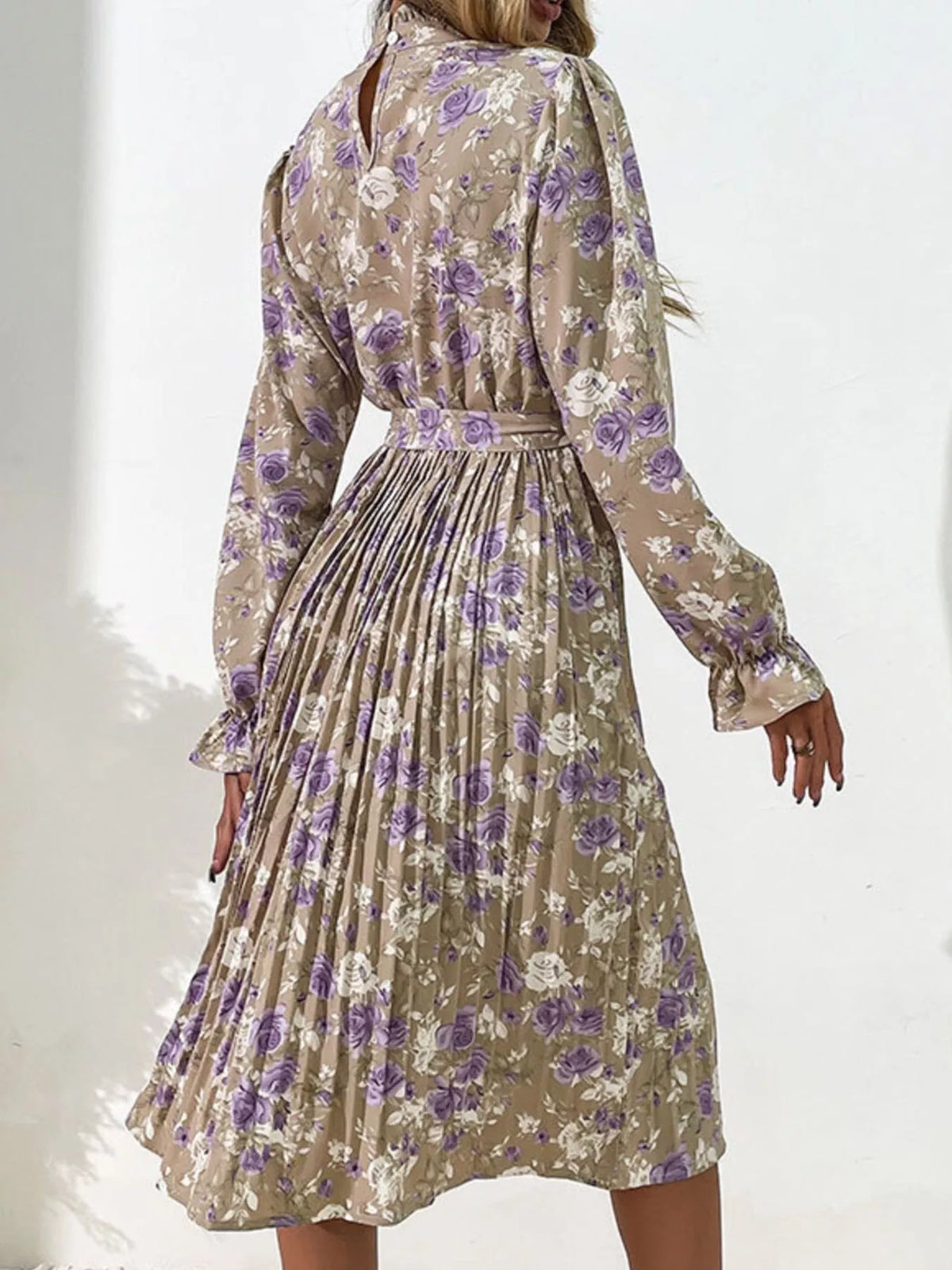 Floral Print Ruffle Mock Neck Long Sleeve Belted Pleated Midi Dress 6