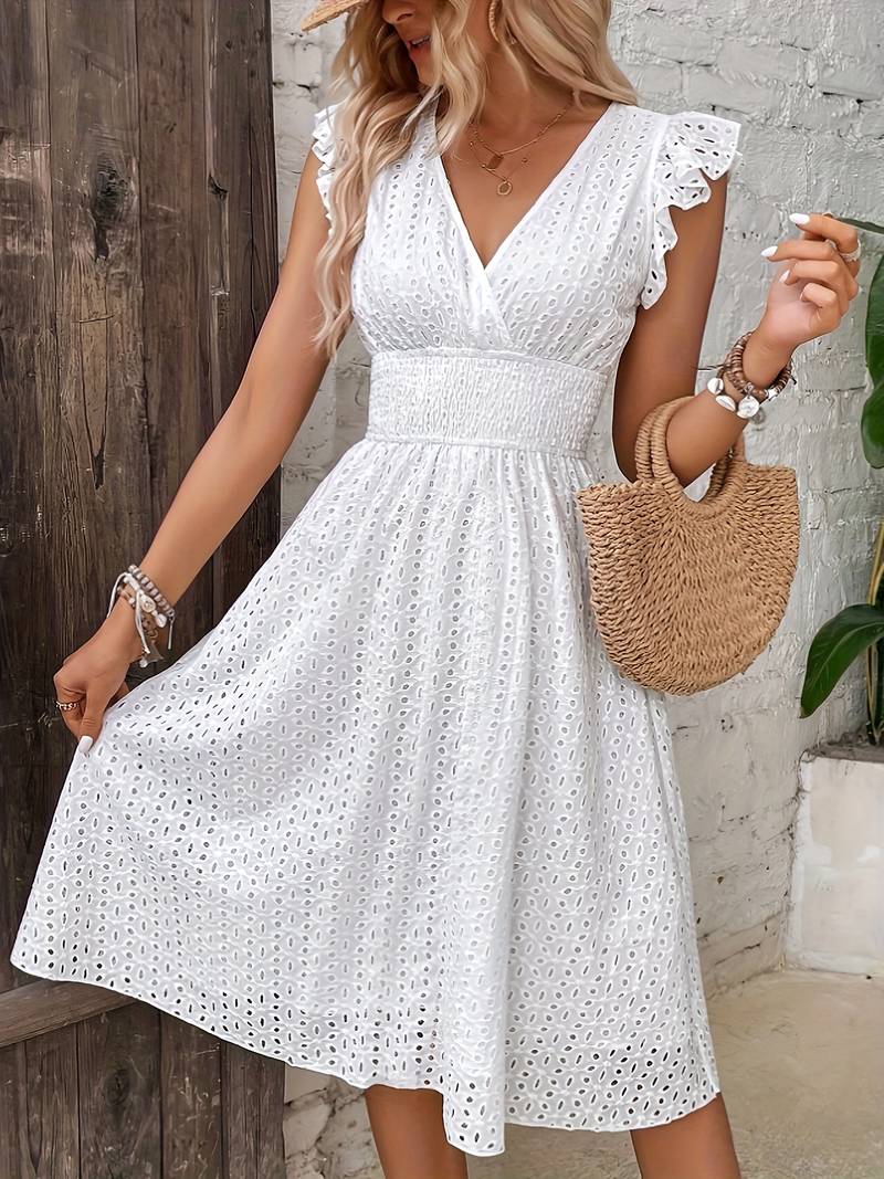 Eyelet Lace Wrap V-Neck Flutter Strap Smocked Waist A-Line Midi Dress