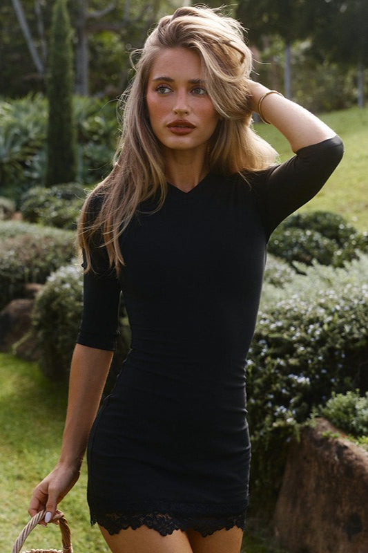 Lace Trim Round Neck Short Sleeve Slim Lace Dress
