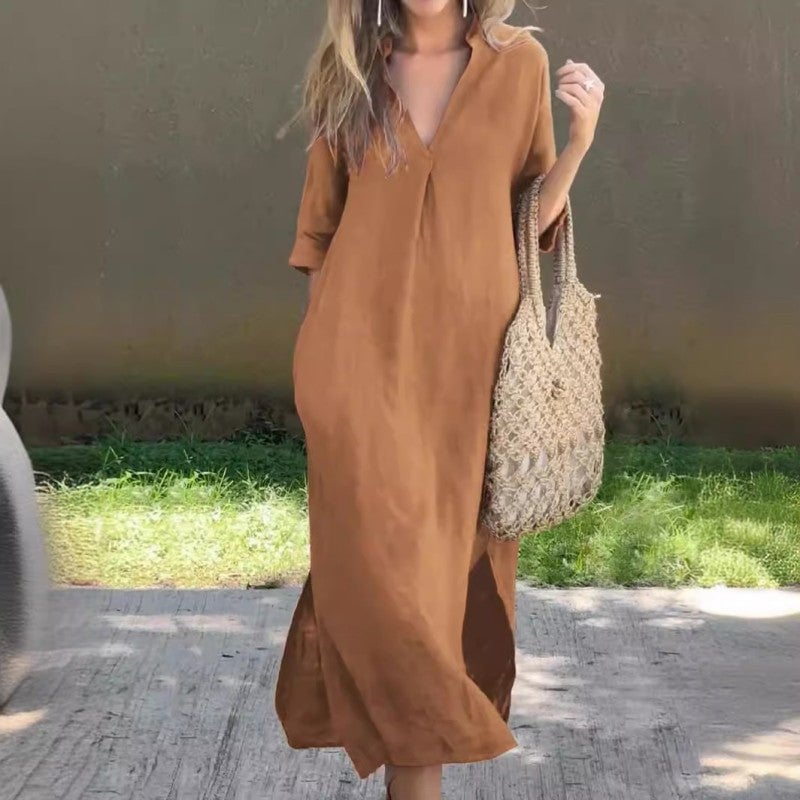 Collared V-Neck Short Sleeve High Split Maxi Dress Summer 6
