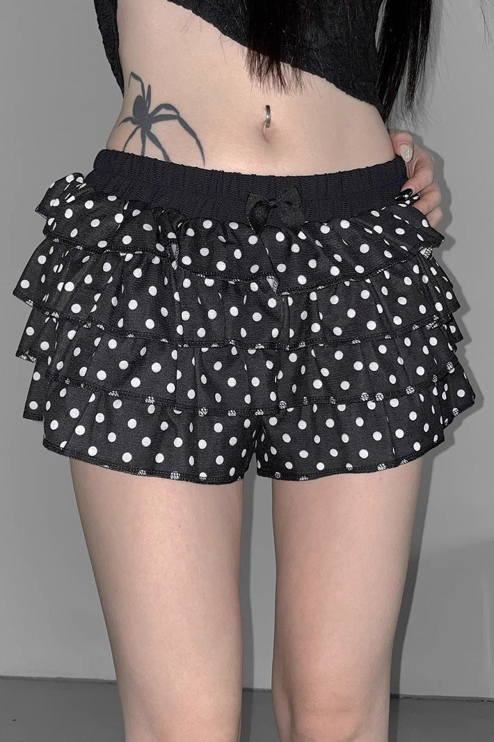 Polka Dot Tiered Ruffle Elastic Waist Bow Front Mini Skort 2