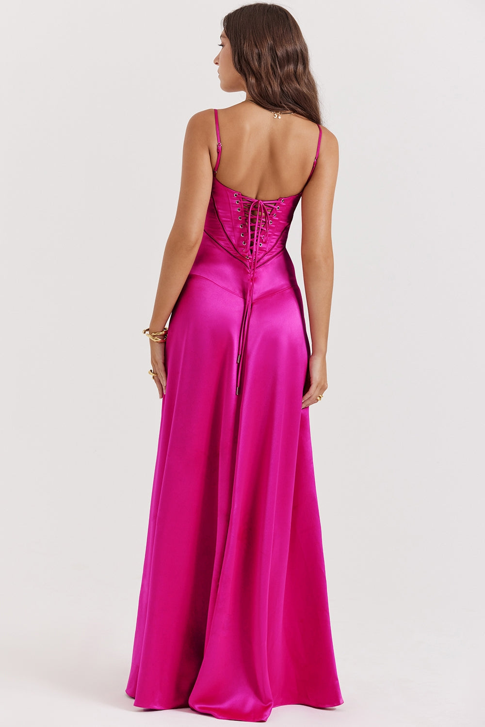 Satin Square Neck Corset Seam Spaghetti Strap Flowy Maxi Dress 8