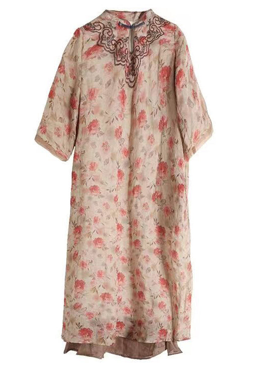 Floral Print Mandarin Collar Frog Button Chest Embroidery 3/4 Sleeve Midi Dress