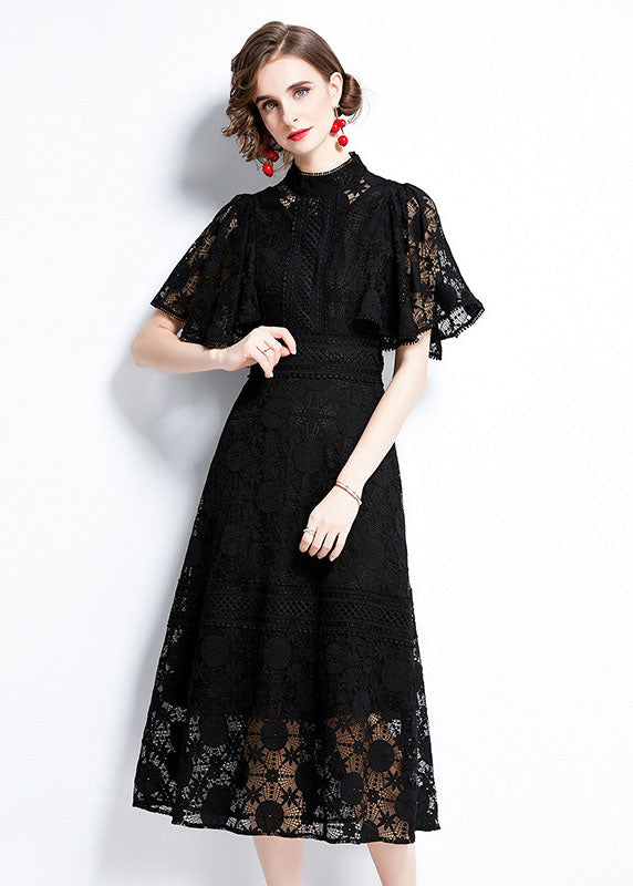 Lace Mock Neck Flutter Sleeve A-Line Midi Dress