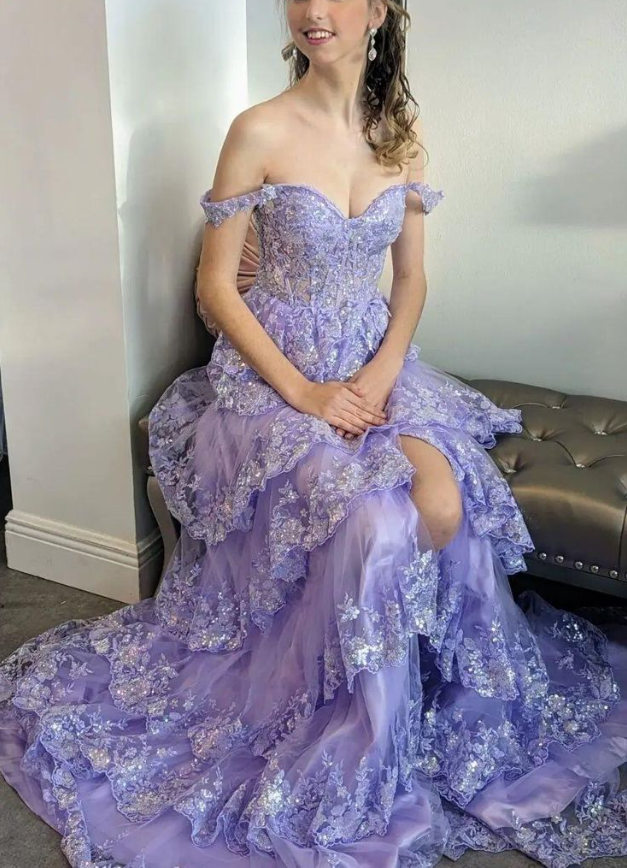 Charming Tulle Appliques Tiered Ruffles Long Prom Dress Slit Party Evening Gown cc1781