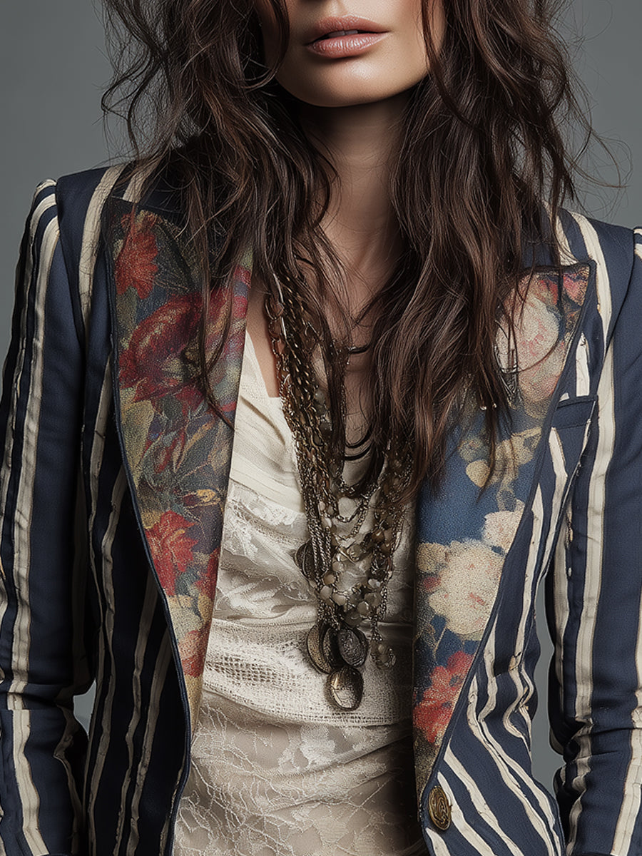 Striped Floral Panel Contrast Lapel Blazer