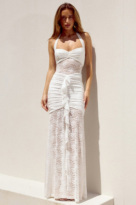 Lace Sweetheart Ruched High Split Sheer Maxi Dress