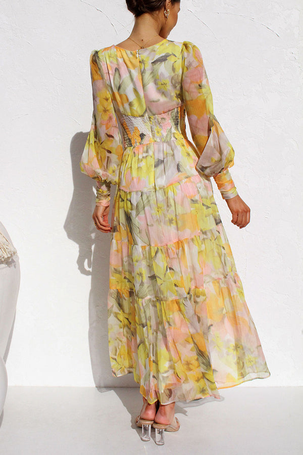 Abstract Floral Print Deep V-Neck Bishop Sleeve Tiered Wrap Waist Maxi Dress