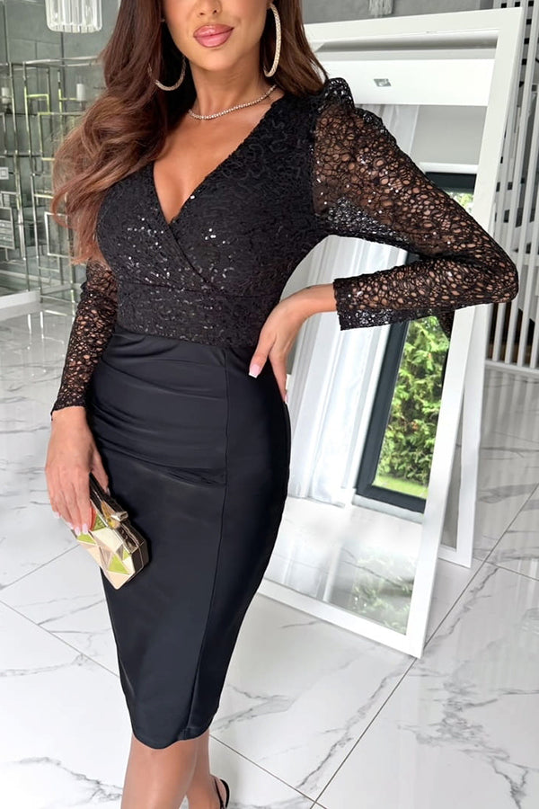 Sequin Lace V-Neck Long Sleeve Bodycon Midi Dress