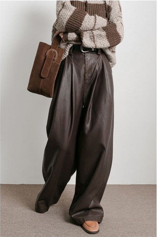 Vintage Brown Fleece Lined PU Pleated Wide Leg Pants