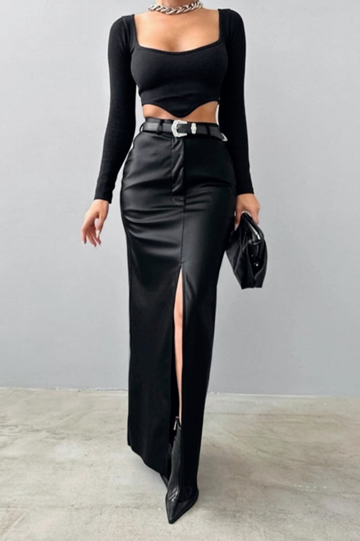 Faux Leather High Waist Front Slit Column Maxi Skirt