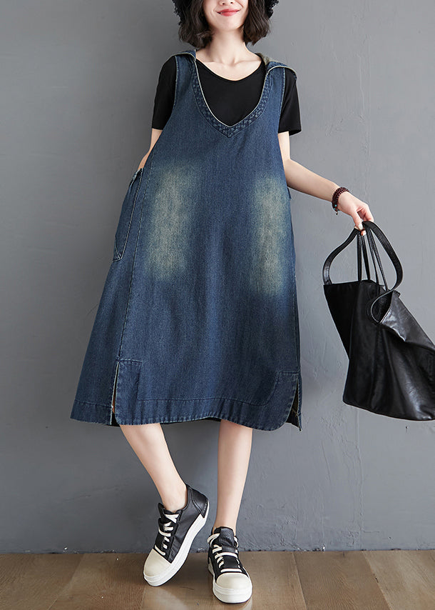 Denim Deep V-Neck Sleeveless Patch Pocket Distressed Wash Midi Pinafore Dress