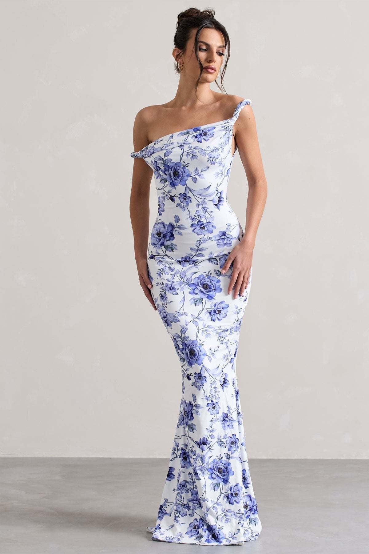Floral Print One Shoulder Fishtail Bodycon Maxi Dress