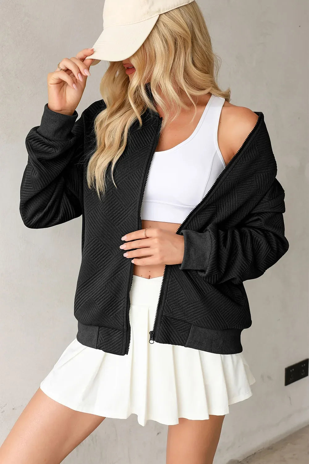 Textured Knit Zip Front Drop Shoulder Long Sleeve Bomber Jacket 2