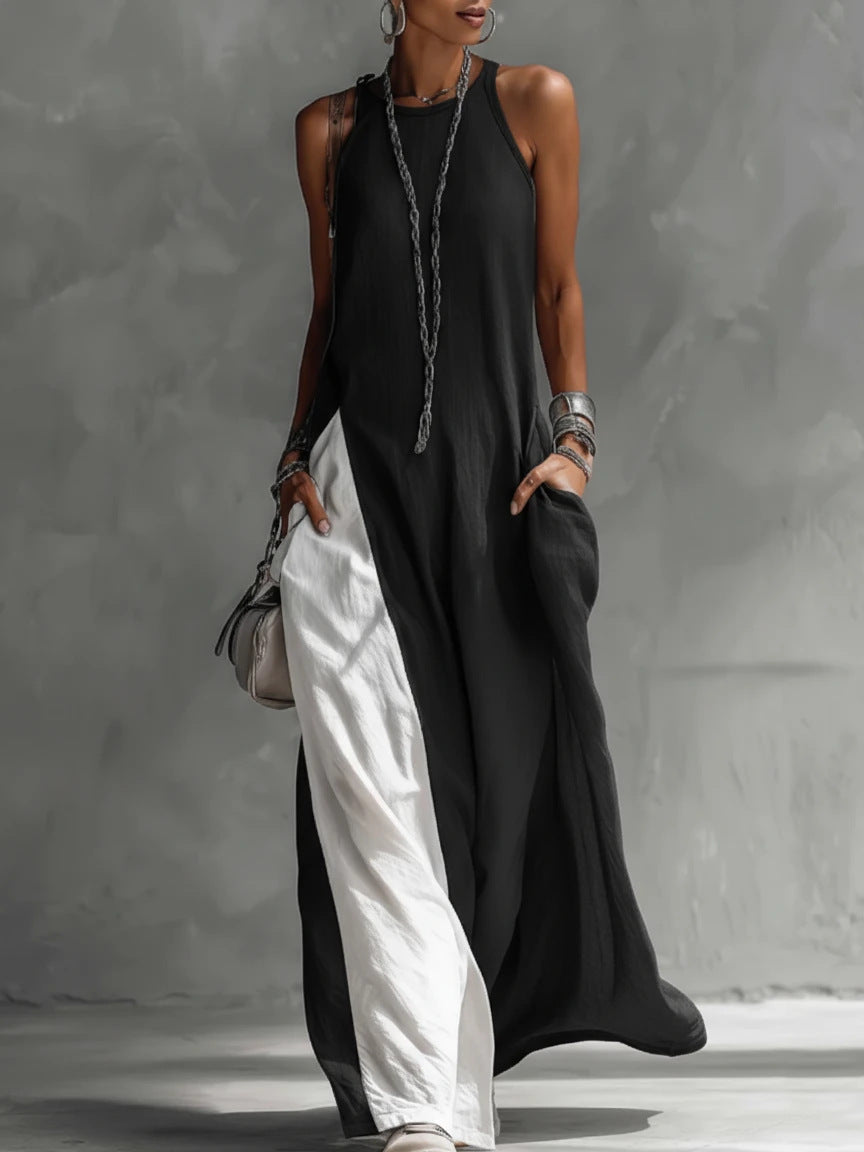 Sleeveless Crew Neck Color Block Panel Maxi Dress