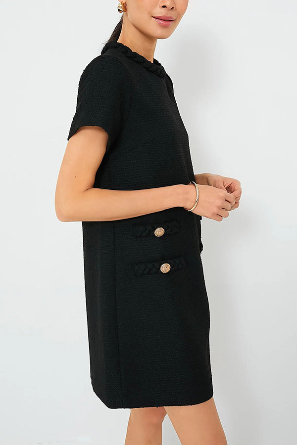 Tweed Braided Trim Faux Pocket Metallic Button Short Sleeve Shift Mini Dress