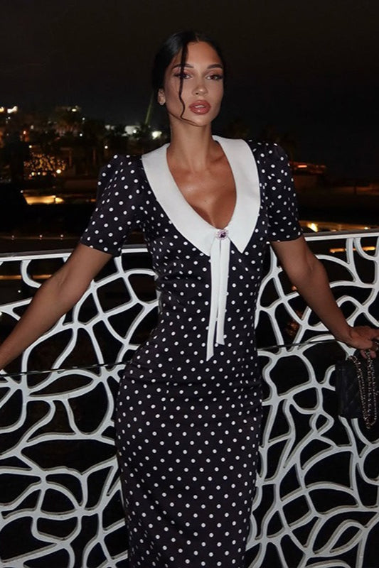 Polka Edition Dot VNeck Puff Sleeve Bodycon Maxi Dress