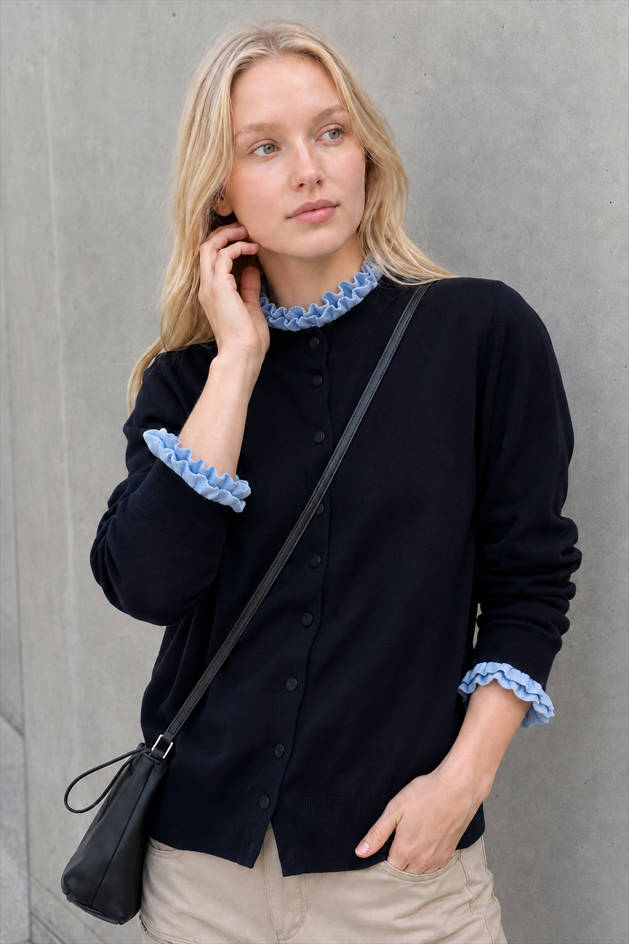 Ruffle Trim Contrast Cardigan