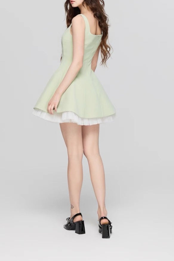 Square Neck Mesh Panel Mini Dress - View 13