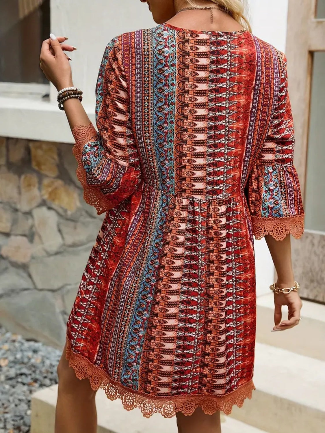 Boho Print Deep V-Neck Lace Trim Mini Dress 9