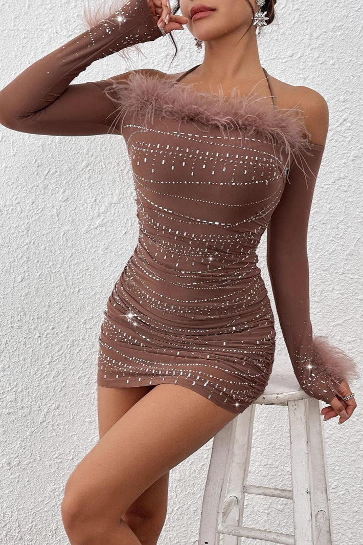 Rhinestone Feather Trim Strapless Ruched Bodycon Mini Party Dress