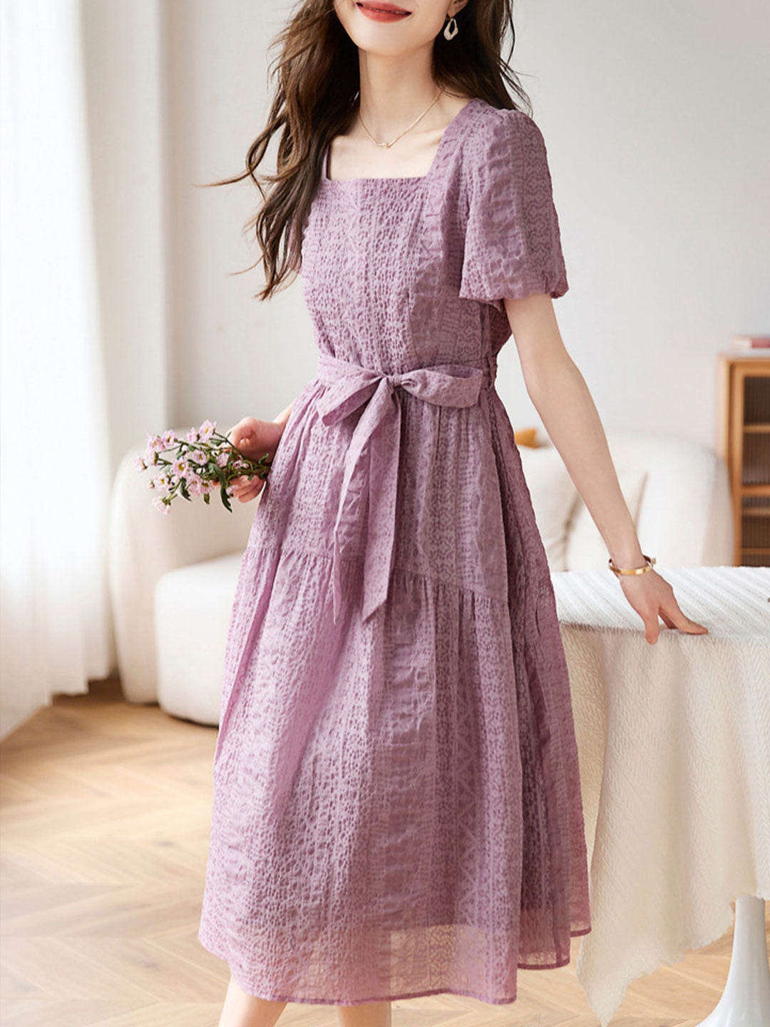 Square Neck Short Sleeve Tie Belt Tiered Crinkle Texture A-Line Midi Dress