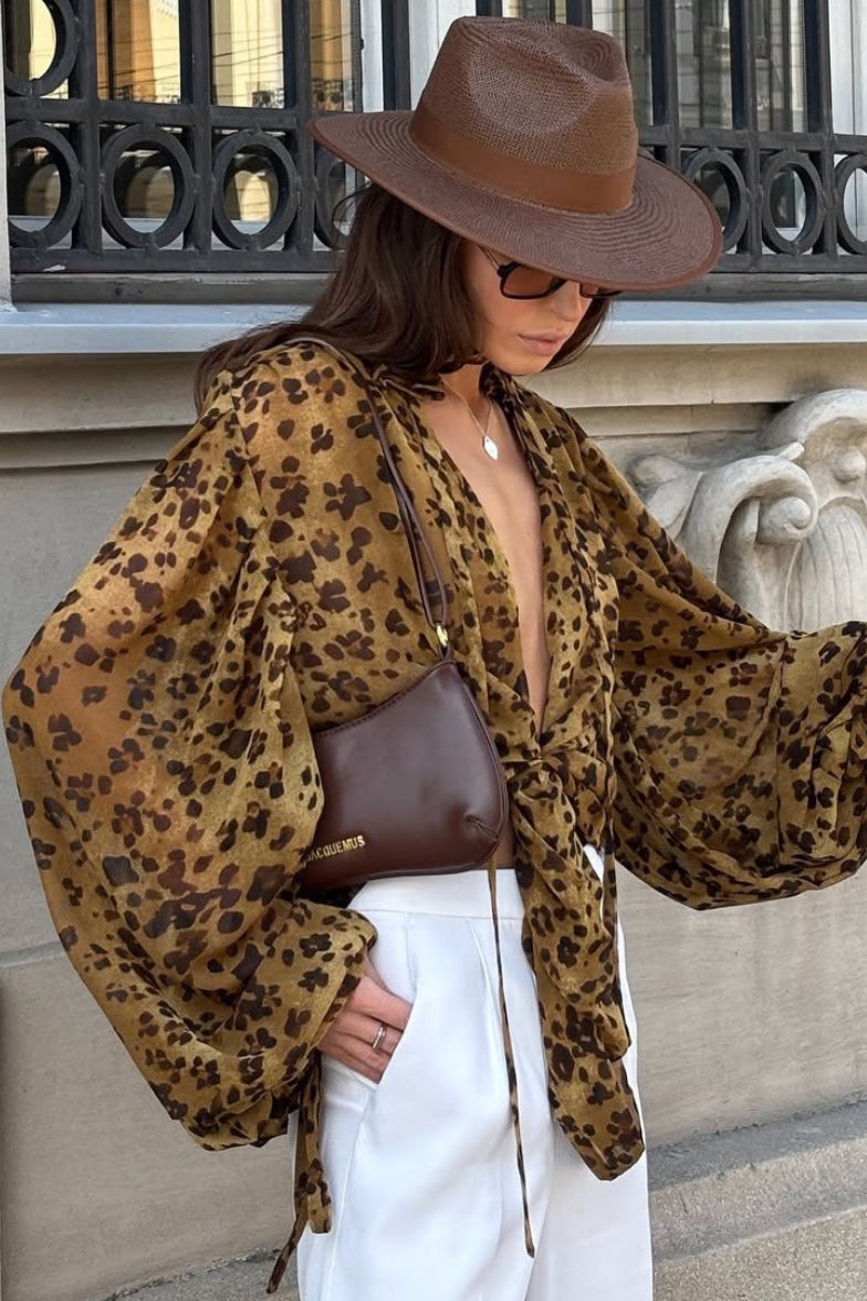 Leopard Print Sheer Deep V-Neck Balloon Sleeve Tie Front Blouse