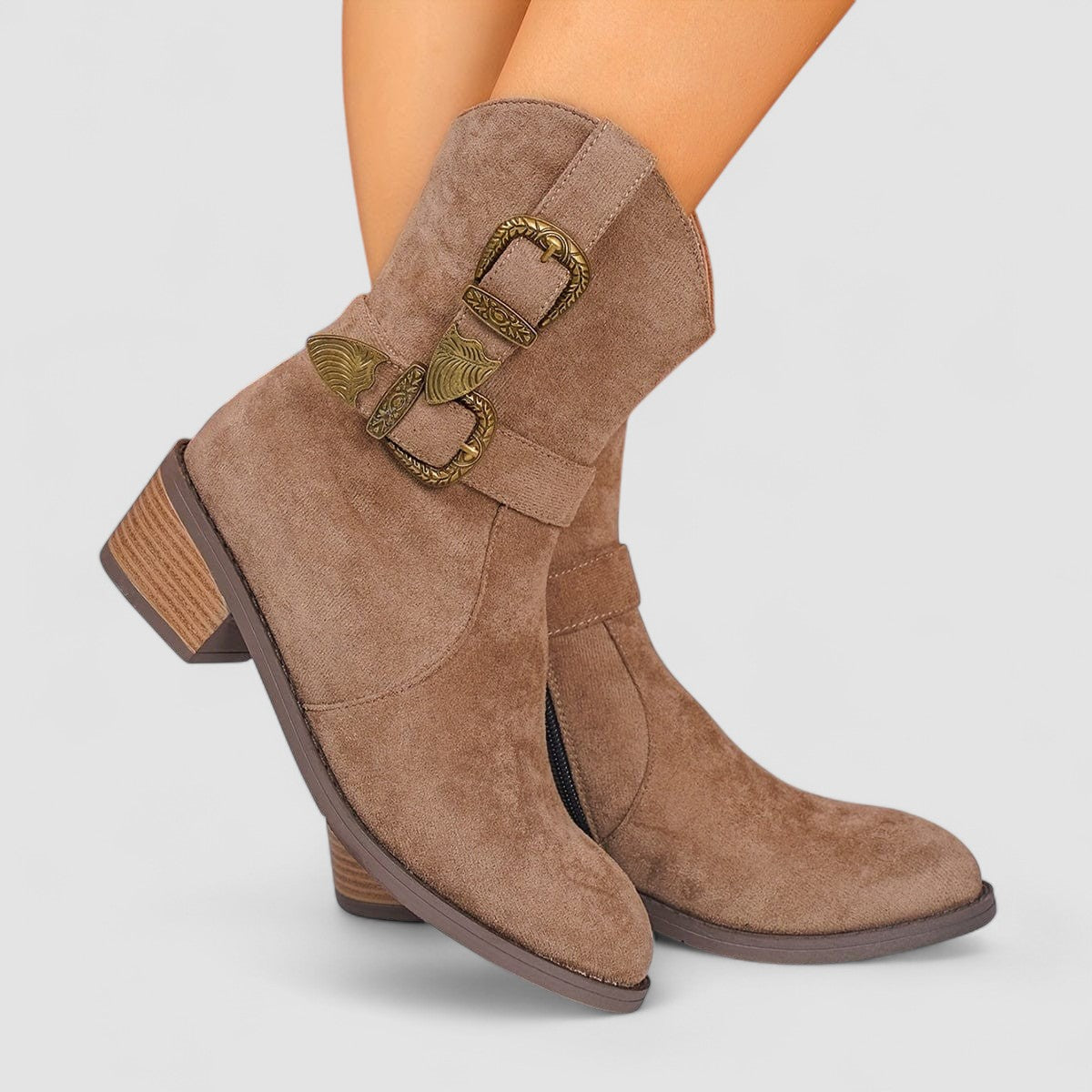 Suede Look Buckle Western Block Heel Ankle Boots