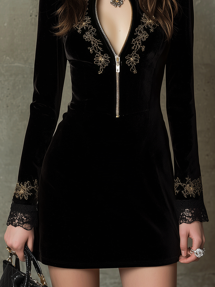 Elegant Vintage Black Velvet Gold Embroidery And Zip Front Mini Dress