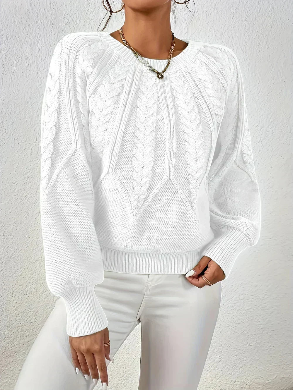 Crew Neck Cable Knit Long Sleeve Sweater