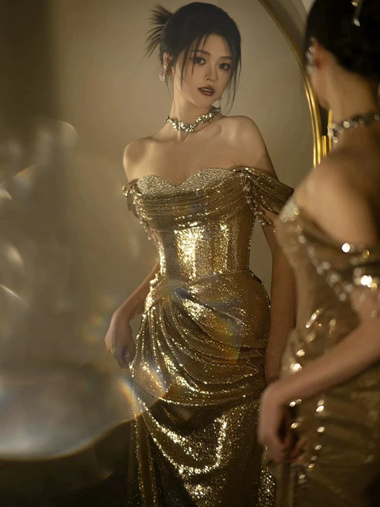 Mermaid Gold Long Prom Dress Sexy Off Shoulder Evening Dresses   fg7664
