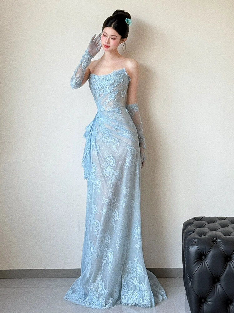 Blue Lace Mermaid Long Prom Dress Sexy Evening Dresses   fg7665
