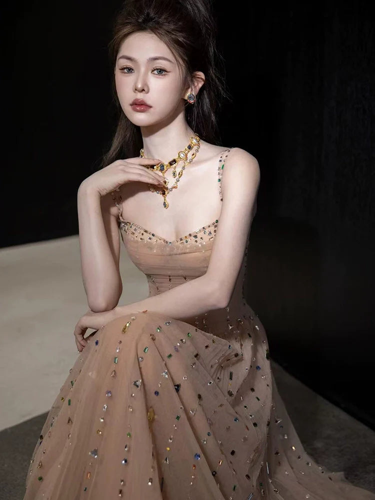 A Line Champagne Long Prom Dress Sexy Evening Dresses   fg7663