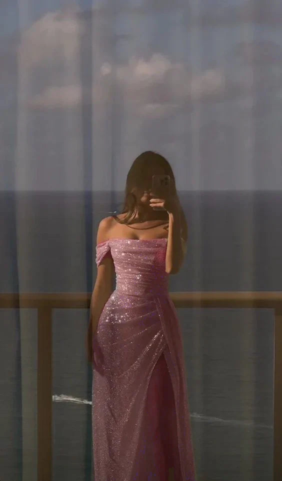 Off Shoulder White Sequin Side Slit Long Evening Prom Dresses, Sequin Wedding Dresses      fg4934