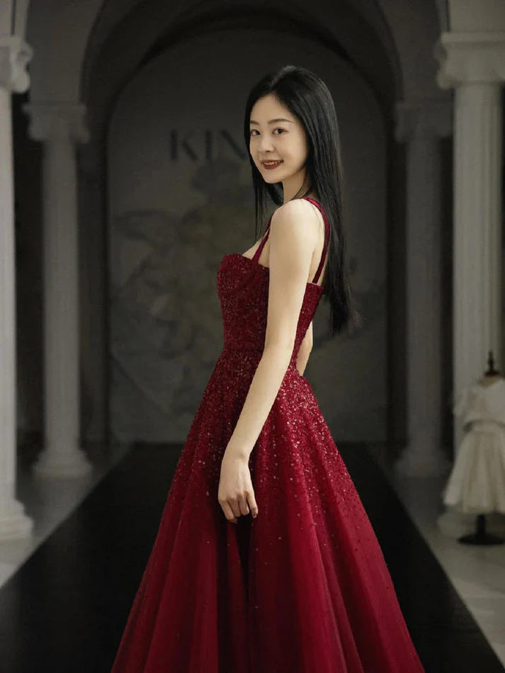 Burgundy Prom Dresses A Line Straps Tulle Evening Dresses