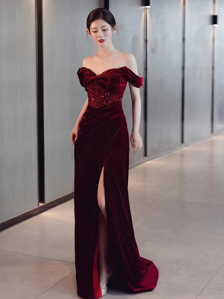 Burgundy Velvet Mermaid Long Prom Dress Off Shoulder Evening Dresses With Slit    fg7669