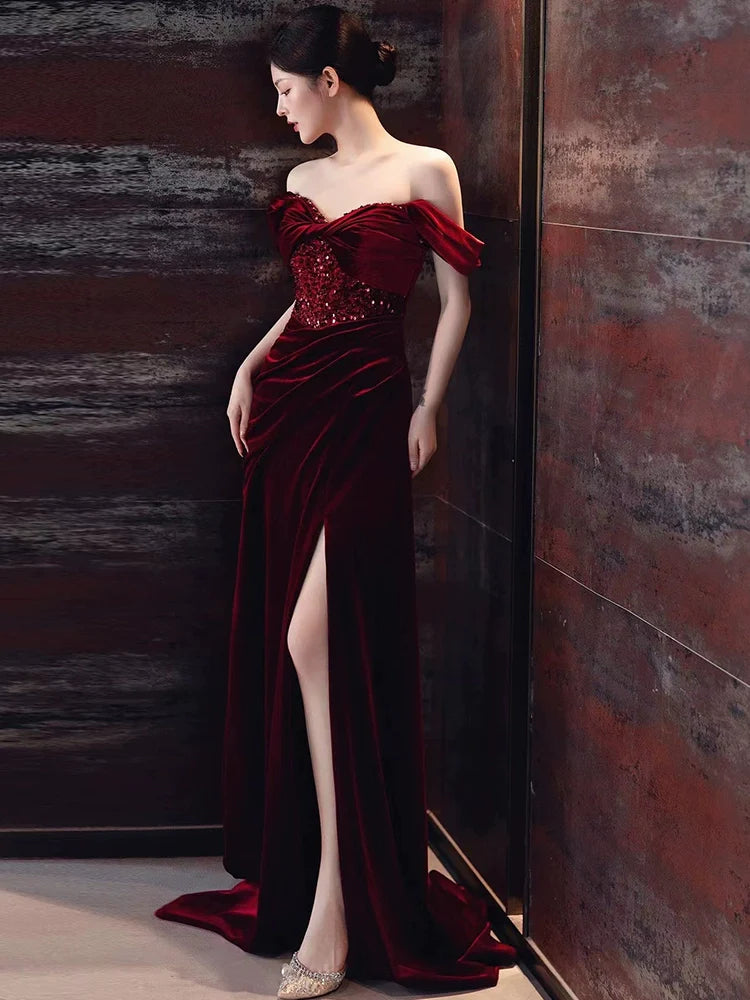 Burgundy Velvet Mermaid Long Prom Dress Off Shoulder Evening Dresses With Slit    fg7669