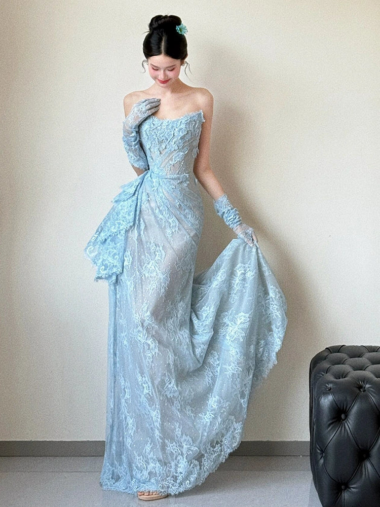 Blue Lace Mermaid Long Prom Dress Sexy Evening Dresses With Side Split