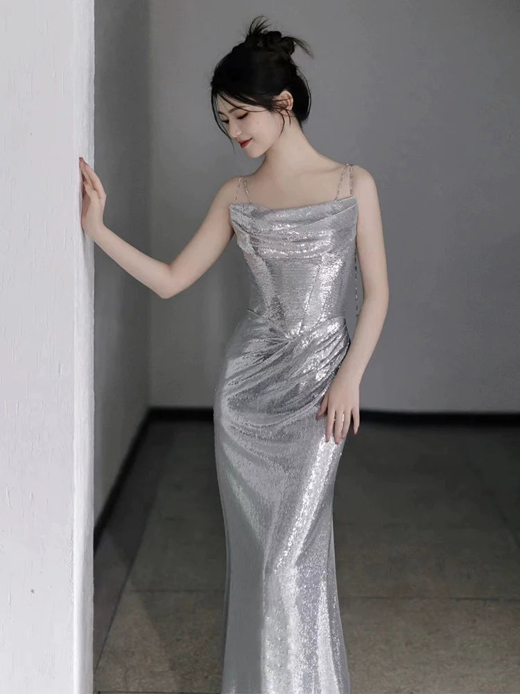 Silver Sequin Mermaid Long Prom Dress Sexy Evening Dresses   fg7666