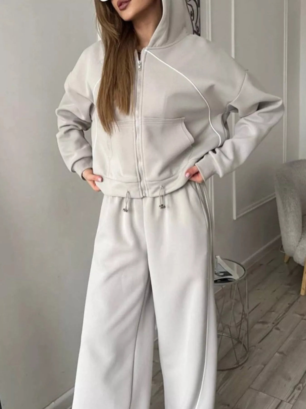 Fleece Zip Front Cropped Hoodie and Drawstring Hem Joggers Two Piece Set 22
