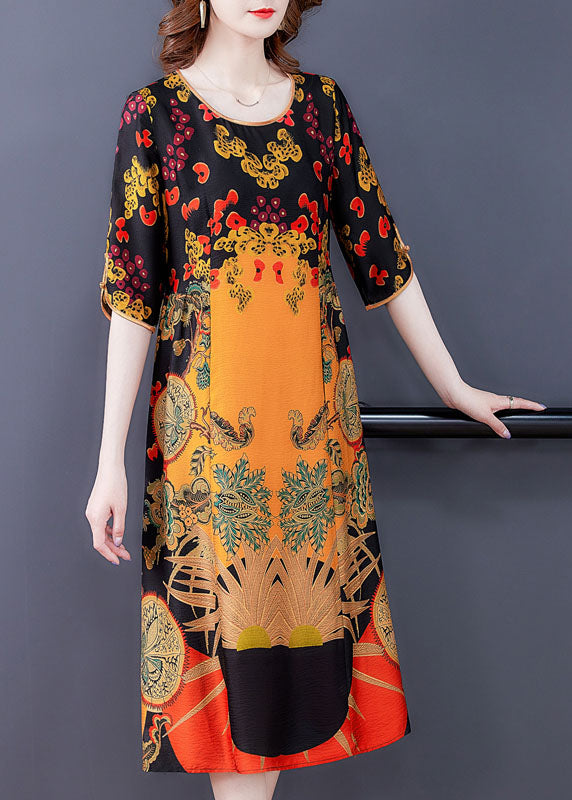 Ethnic Graphic Print Round Neck Elbow Sleeve Contrast Trim Midi Shift Dress